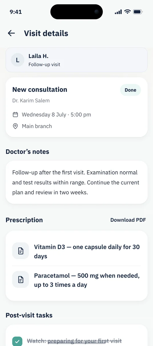 A past visit in the patient app, with demo data: the doctor’s notes and the prescription.