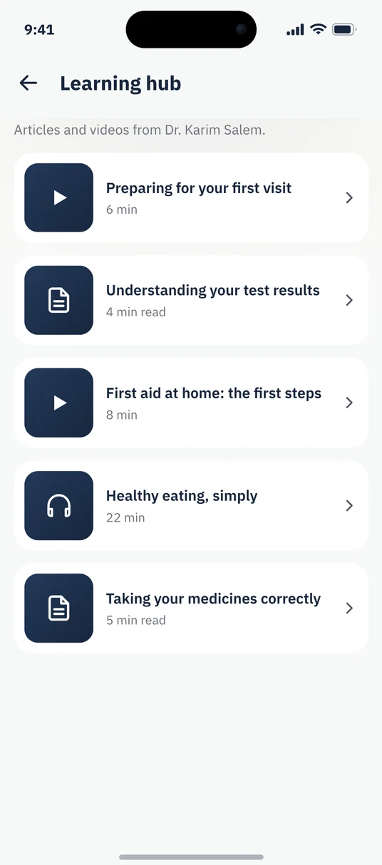 The learning hub in the patient app: articles and videos from the doctor.
