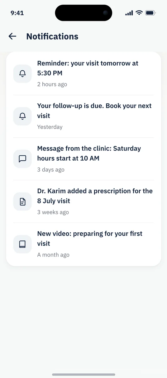 Notifications in the patient app, with demo data: a visit reminder, a follow-up reminder and a message from the clinic.