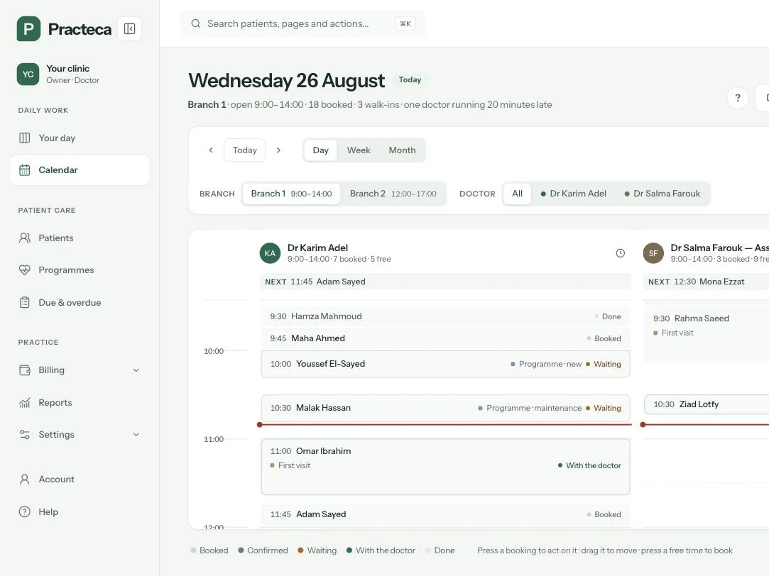 The calendar in Practeca Clinic System, with demo data: each doctor’s appointments for the day and where every patient is, from booked to done.