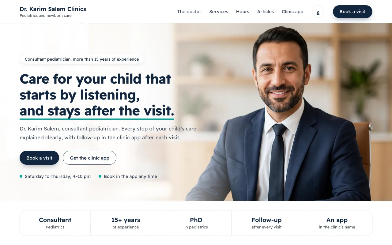 A fictional doctor’s website built by Practeca.