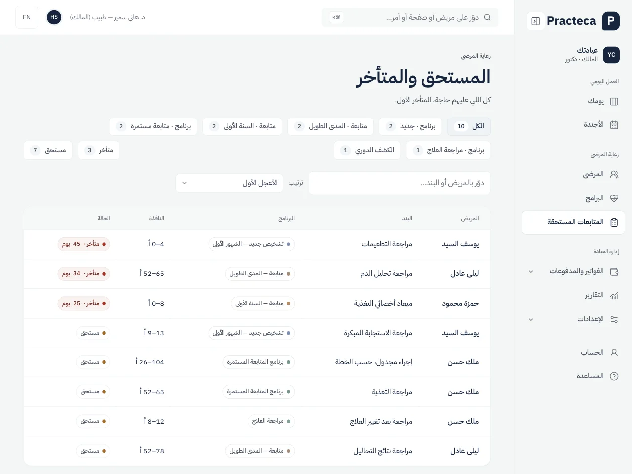 المتابعات المستحقة والمتأخرة في Practeca Clinic System، ببيانات تجريبية.