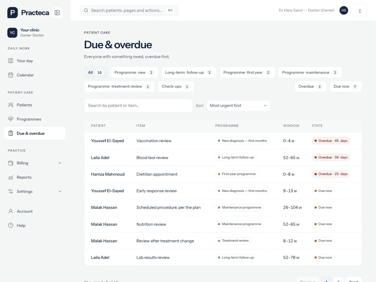 Due and overdue follow-ups in Practeca Clinic System, with demo data.