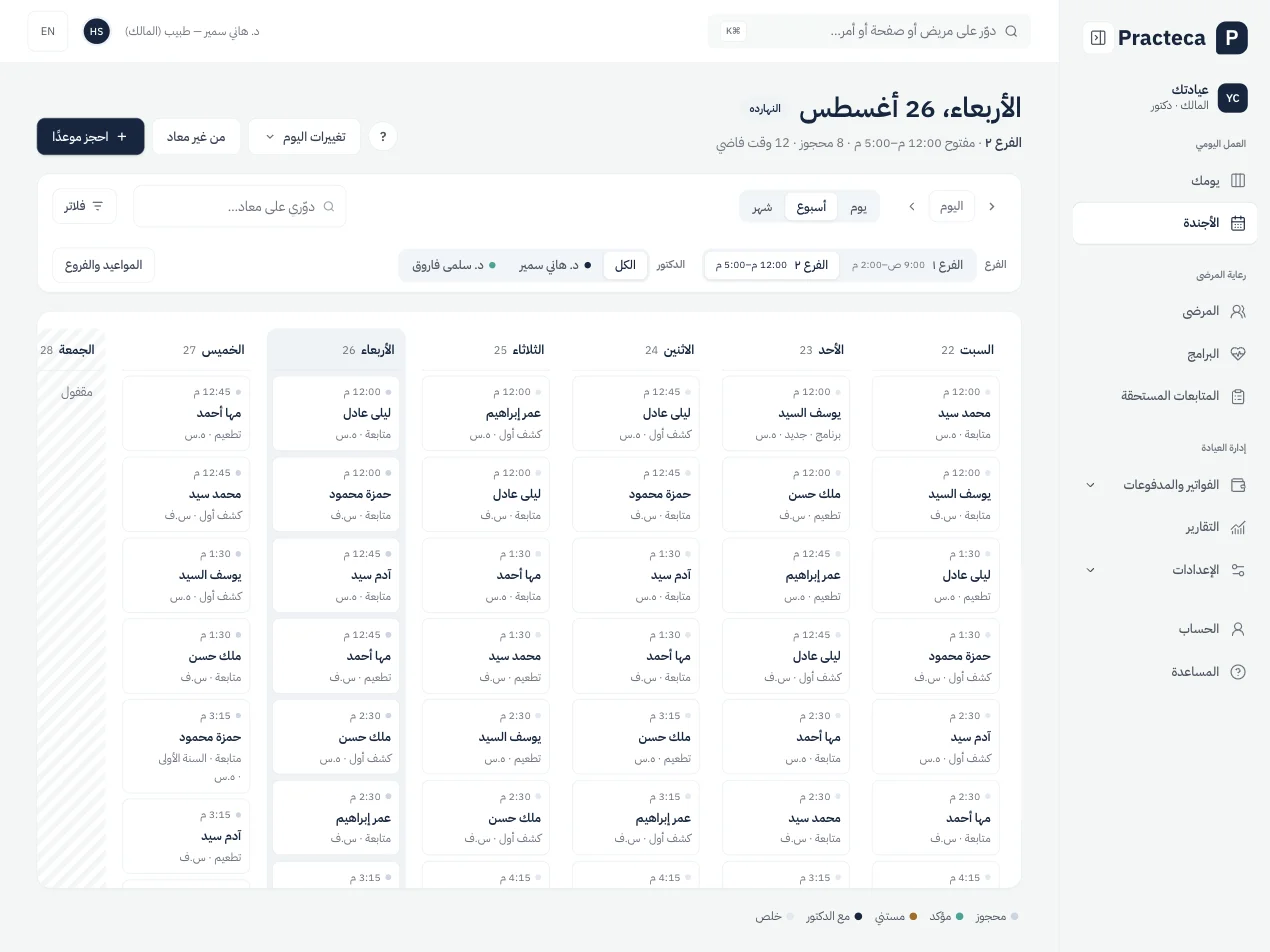 أجندة الأسبوع للفرع الثاني في Practeca Clinic System، ببيانات تجريبية.