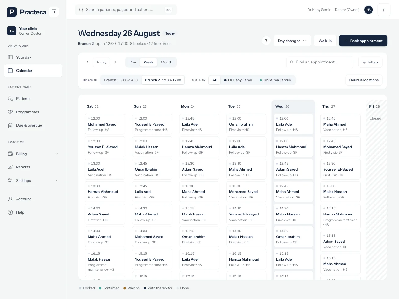 The week calendar for the second branch in Practeca Clinic System, with demo data.