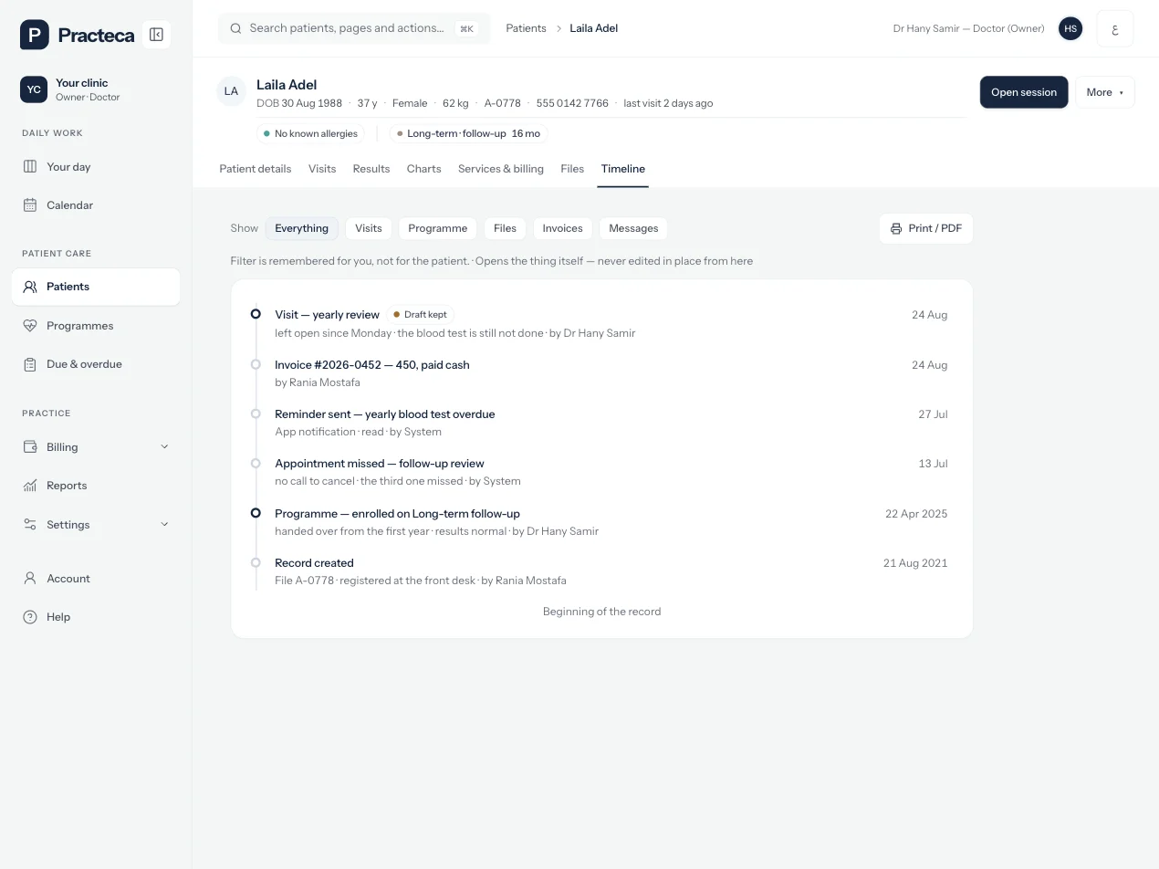 A patient’s file in Practeca Clinic System, with demo data: the timeline of visits, invoices, reminders and the programme.
