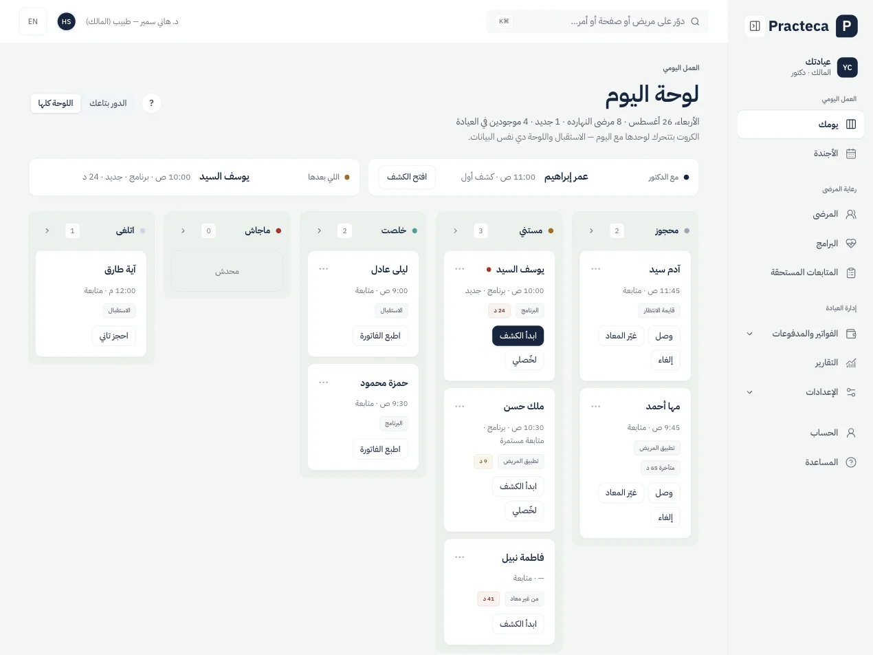 لوحة اليوم في Practeca Clinic System، ببيانات تجريبية: المرضى المحجوزون والمنتظرون ومع الطبيب ومن انتهوا.