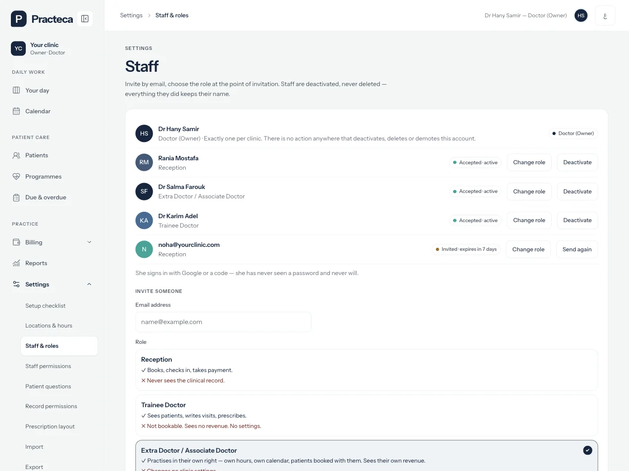 Staff and roles in Practeca Clinic System, with demo data: the owner, reception, an associate doctor and a trainee doctor.