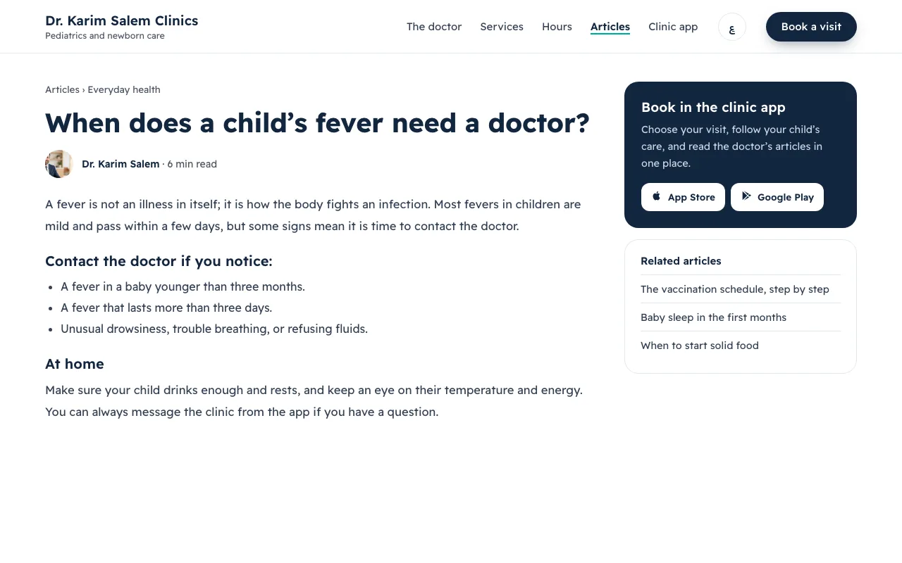 An article page on a fictional doctor’s website, with a box that leads to the clinic app.