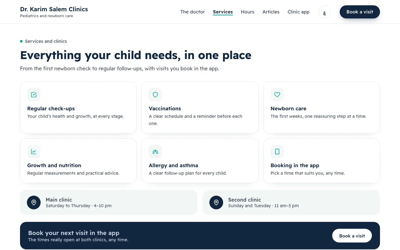 The services and clinics page of a fictional doctor’s website.